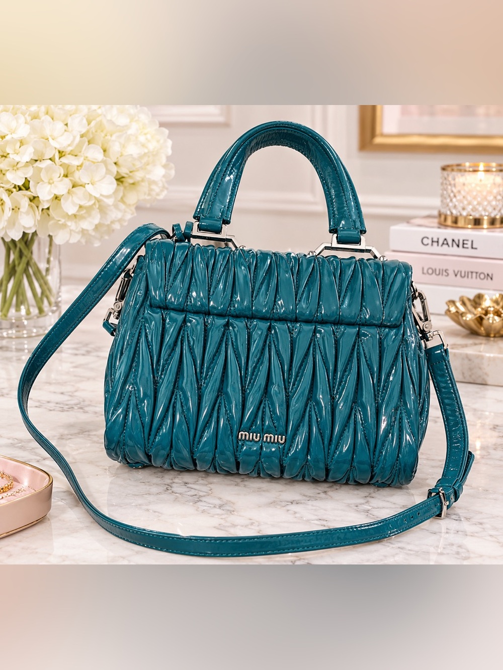 Miu Miu Teal Matelassé Patent Leather Top-Handle Bag - Picture 3 of 16